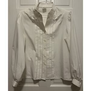 Vintage Terry Chicago White Tuxedo Blouse Floral Lace Collar Women’s M 1970s